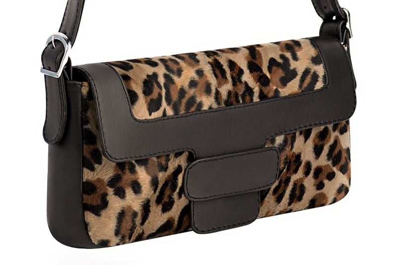 Women's satin black and animal print elegant ankle boots, with buckles at the back. Pointed toe. Low flare heels - Worn view